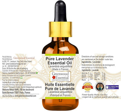 Greenwood Essential Pure Lavender Essential Oil (Lavandula angustifolia) (Made in France) with Glass Dropper Steam Distilled (Pack of Three) 100ml X 3 (10.1oz)