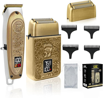 GEC Professional Men's Electric Razor & Barber Kit - Cordless Foil Shaver, Titanium T-Blades, 3-in-1 Multifunctional Trimmer for Beard, Hair, & Body Grooming – Travel-Friendly with Built-in Battery