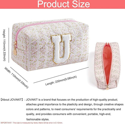 JOVAKIT Alphabet Makeup Bag Cosmetic Bag for Women, Christmas Gifts for Girls Age 6-18, Floral Flowers Coquette Travel Toiletry Zipper Make Up Pouch Organizer Trendy Stuff (Pink Floral U)