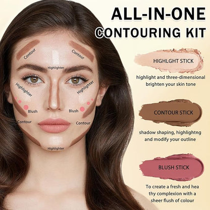 6 Colors Cream Contour Stick Makeup Kit, Double-ended Cream Highlighter Stick Bronzer and Blush Stick for Sculpt the Cheeks, Matte & Dewy Finish, Face Contour Kit for Beginners, Set B