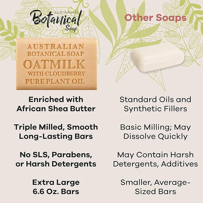 Australian Botanical Soap, 6.6 OZ, Oat Milk with Cloudberry, Triple Milled Bars made with a Natural Soap Base and Enriched with Organic Shea Butter, Pack of 8