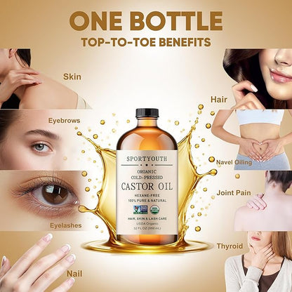 SPORTYOUTH Organic Castor Oil Cold Pressed Hexane Free 32 oz Glass Bottle USDA Certified 100% Pure Unrefined Carrier Oil for Hair Growth, Scalp, Castor Oil Pack, Eyelashes, Brows, Skin, Face, Body