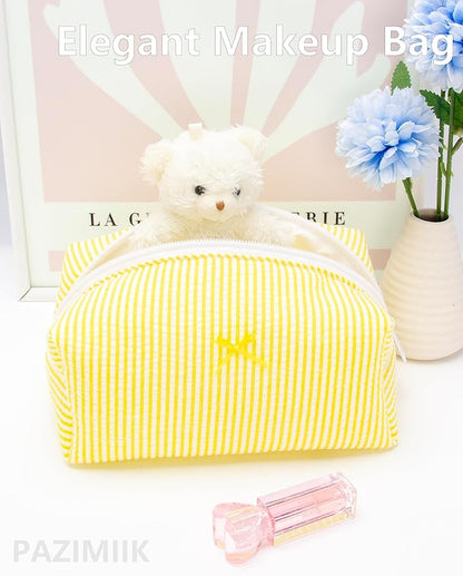 PAZIMIIK 6PCS Cozy Makeup Bag Small Aesthetic Travel Zipper Cosmetic Pouch for Women Make Up Beauty Accessories Brushes, Stripe Yellow