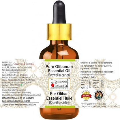 Greenwood Essential Olibanum Essential Oil (Boswellia carterii) with Glass Dropper | Pure | Non-Sticky | Non-Greasy | Lightweight | Men & Women | All Skin Types | Steam Distilled 15ml (0.50 oz)