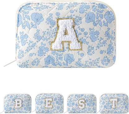 JOVAKIT Conch Alphabet Makeup Bag Cosmetic Bag for Women, Christmas Gifts for Women Girls, Blue Floral Coquette Travel Bag, Zipper Make Up Pouch Organizer Trendy Stuff (Blue Floral A)