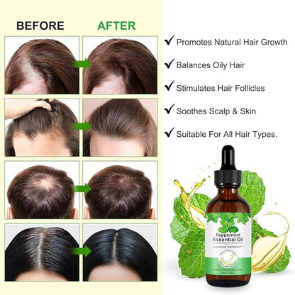 Peppermint Essential Oil 60ml, Natural Peppermint Oil for Hair Growth & Dandruff Removal - Perfect for Aromatherapy, Scalp and Body Massage, Refreshes, 2.02 fl.oz