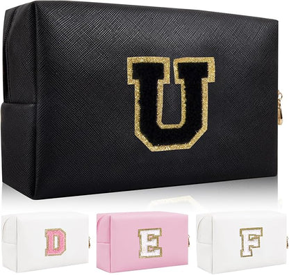 Personalized Initial Letter Patch Makeup Bag, Preppy Portable Chenille Letter Cosmetic Bag with Zipper, PU Leather Waterproof Travel Toiletry Bag Monogram Make Up Pouch for Women Girls