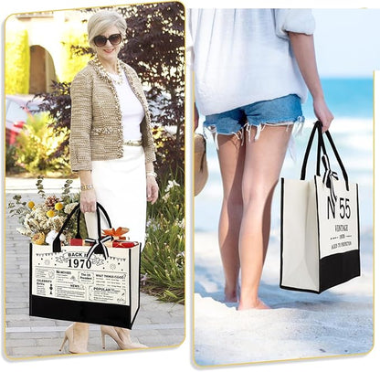 55th Birthday Gifts for Women Canvas Tote Bag Travel Gear,Unique 55 Years Old Gifts for Wife Mom Sister Aunt Friends Her, Vintage N°55 Handbag & Cosmetic Bag & Back in 1970 Poster