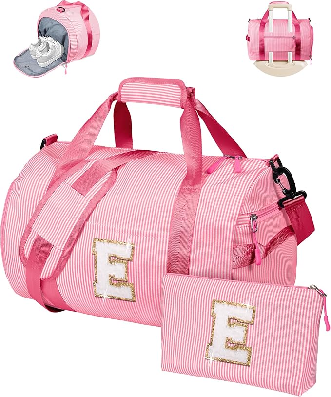 Gifts for Teenage Girls Girls Travel Duffle Bag, Kids Initial Overnight Bags with Shoe Compartment, Personalized Weekend Bag with Makeup Pouch, Cute Stuff for Granddaughter (Letter E)