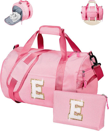 Gifts for Teenage Girls Girls Travel Duffle Bag, Kids Initial Overnight Bags with Shoe Compartment, Personalized Weekend Bag with Makeup Pouch, Cute Stuff for Granddaughter (Letter E)