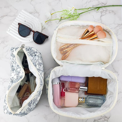 2Pcs Cotton Quilted Makeup Bag for Women Girls Floral Travel Large Small Cosmetic Bag Set Cute Vintage Flower Makeup Pouch Portable Toiletry Bag Organizer Coquette Aesthetic Makeup Brush Bag