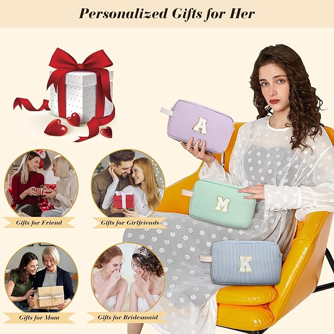 Travel Makeup Bag Christmas Gifts for Women Girl Teens, Personalized Initial Makeup Bag for Cute Teen Girls, Preppy Stuff Toiletry Bag Cosmetic Bag, Teen Girls Gift Trendy Stuff, Letter F
