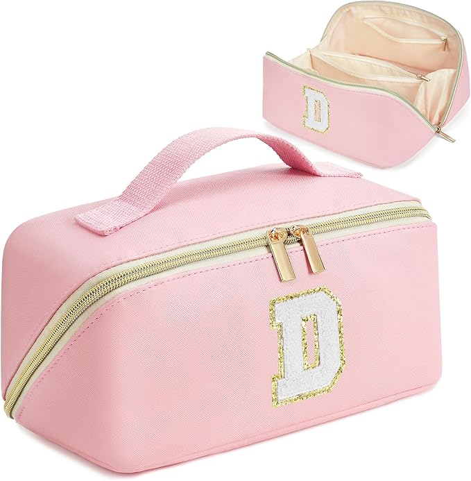 for Christmas Day Gifts, Makeup Bag for Women, PU Leather Travel Toiletry Bags, Initial Make Up Cosmetic Pouch for Teen Girls, Wide Open Portable Skincare Bag, Personalized Birthday Gifts, Pink D