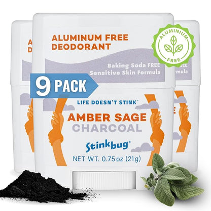 Stinkbug Naturals Organic Aluminum Free Travel Size Deodorant Stick with Amber Sage, Coconut Oil and Activated Charcoal, 0.75 Ounce Pack of 9