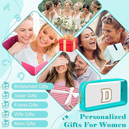Personalized Initial Letter Clear Makeup Bag,Preppy Small Nylon&PVC Cosmetic Zipper Bag with Chenille Letter,Portable Beach Travel Skincare Toiletry Bag,Trendy Monogram Gift for Teen Girls Women,D