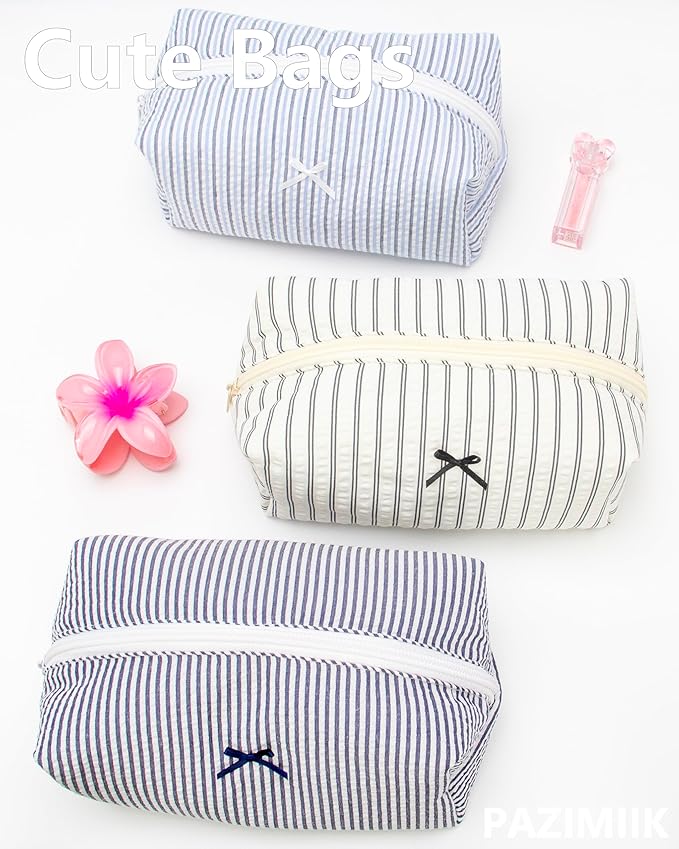 PAZIMIIK 6PCS Cozy Makeup Bag Small Aesthetic Travel Zipper Cosmetic Pouch for Women Make Up Beauty Accessories Brushes, Stripe Black