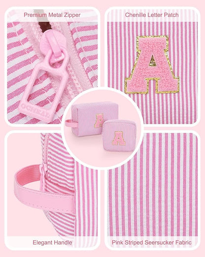 MONSTINA Personalized Initial Makeup Bag Set for Girls&Women,Personalized Make Up Case for Girlfriend Graduation Teacher Gifts,Cute Toiletry Bag Preppy Chenille Letter Patch,2PCS,Pink V