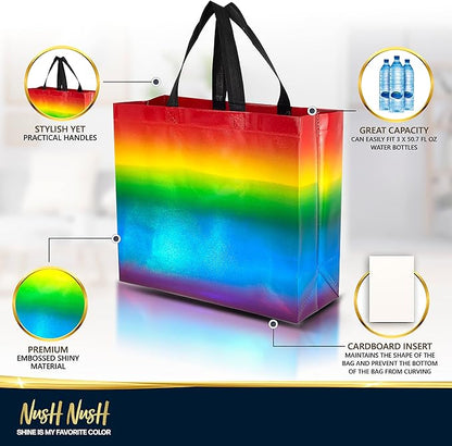 Nush Nush Large Rainbow Gift Bags– Set of 12 Colorful Holographic Reusable Gift Bags with Handles - Ideal Rainbow Goodie Bag for Birthday Party, Kids Party, Sleepover, Pride Events - 13x5x11
