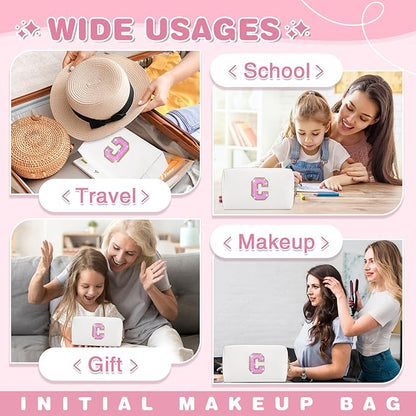 Small Initial Patch Makeup Bag Personalized Gifts Make Up Bag,White Cute PU Leather Glitter Letter Cosmetic Bag with Zipper,Trendy Portable Travel Toiletry Pouch,Preppy Stuff for Teen Girls Women C