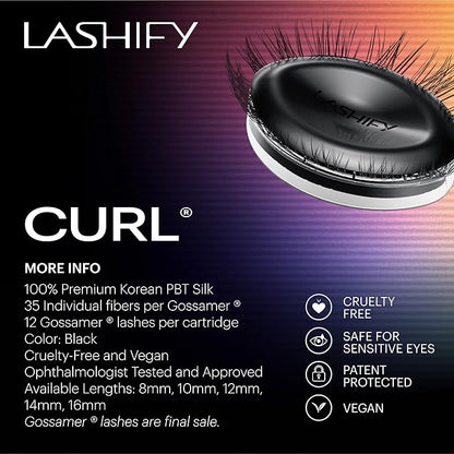Lashify Curl 16mm Gossamer Eyelash Extensions Refill, Black, DIY False Lashes for a Natural Look