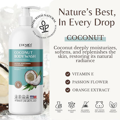 Coconut Body Wash, Cleans, Softens & Nourishes, Ultra Moisturizing Shower Gel for Dry and Sensitive Skin, Women & Men, Organic & Natural, 16 fl oz, 2-Pack