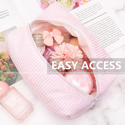 PAZIMIIK 2PCS Cozy Makeup Bag Travel Cosmetic Bag for Women Soft Toiletry Bag Aesthetic Makeup Organizer Portable Large Zipper Pouch for Skincare Beauty Accessories Brushes Stripe Pink