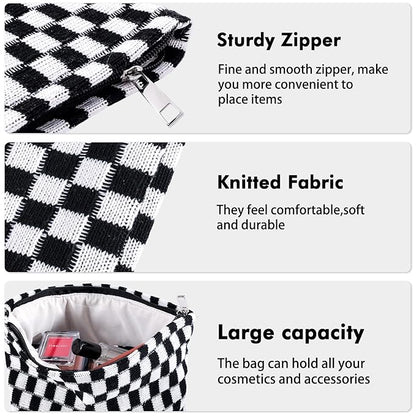 ZLFSRQ 2Pcs Checkered Makeup Bag for Women Large Small Checkered Cosmetic Bag Set Aesthetic Preppy Pencil Case Cute Pencil Pouch Black Makeup Pouch for Purse Travel Toiletry Bags Zipper Skincare Bags