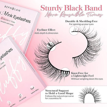 Bepholan False Eyelashes 3D Faux Mink Lashes Natural Look Super Fluffy Eyelashes Volume Strip Eyelashes, Cat Eye Lashes Lightweight Fake Eyelashes Easy to Apply 3 Pairs（M101）