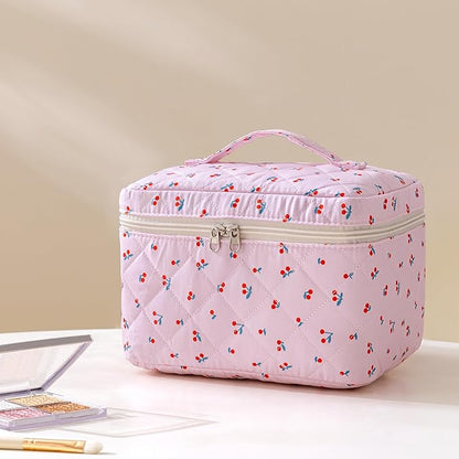 HBselect Quilted Makeup Bag, 3PCS Cotton Large Travel Makeup Bag, Cute Floral Coquette Make up Bag Cosmetic Bag Toiletry Bag for Women Girls