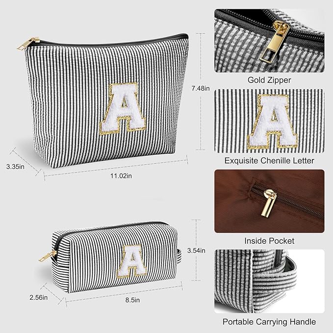 YOOLIFE Monogram Makeup Bag for Girls Teen Girl Gifts | Initial Makeup Bags Cosmetic Toiletry Pouch Make Up Case Best Friend Friendship | Stocking Stuffers for Girls Teen Daughter Teacher Black S