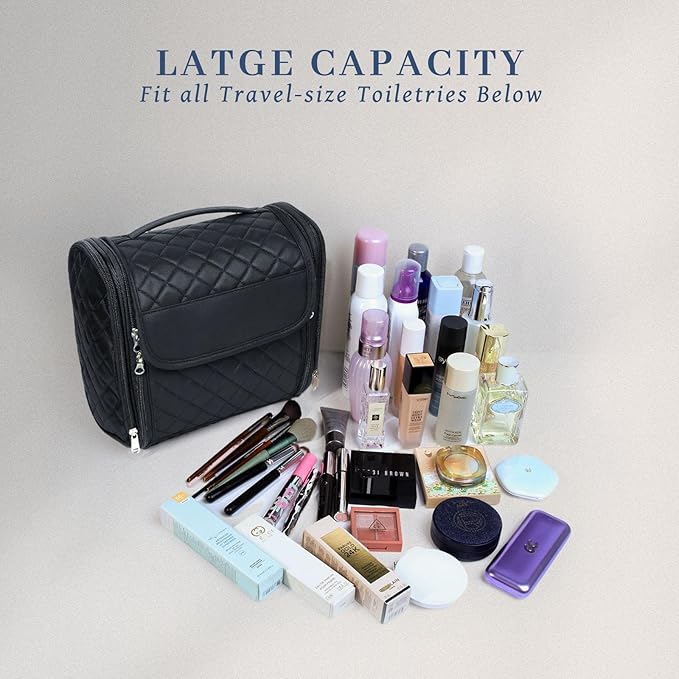 Inmorven Makeup Bag for Women with Hanging Hook - Portable Cosmetic Case, Large Portable Capacity Travel Hanging Toiletry Bag Organizer Case for Toiletries and Cosmetics, Black