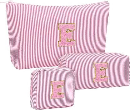 MONSTINA Personalized Initial Makeup Bag for Women,Monogram Make Up Case for Girlfriend Bridesmaid Wife,Birthday Gift for Her Cute Toiletry Bag,3PCS,Pink E