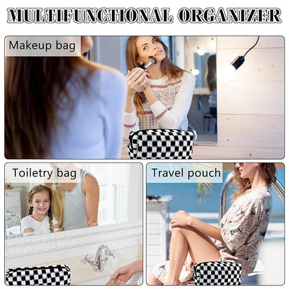 2Pcs Checkered Pencil Case Cute Pencil Pouch for Teens Checkered Makeup Bag Travel Cosmetic Bag Set Cute Makeup Pouch for Purse Portable Zippered Skincare Bags Preppy Toiletry Bags Organizer(Black)