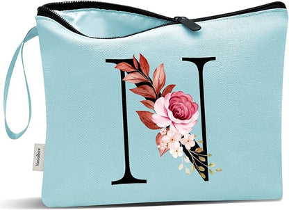 Vavabox A-Z Personalized Makeup Bag, Birthday Gifts for Women Mom, Gifts for Best Friend, Bride Bridesmaid Cosmetic bag (N, Green)