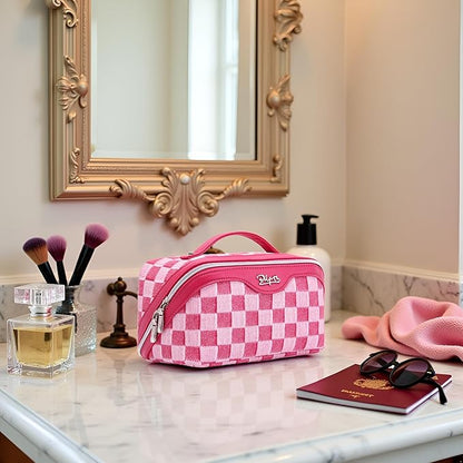 BOYATU Travel Makeup Bag for Women: Large Cosmetic Bag Set of 3 - PU Leather Make up Bag with Compartments - Compact Waterproof Toiletry Bag with Divider & Handle (D-4-Red)