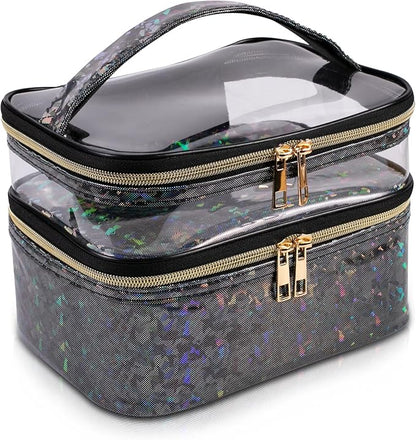 Double-layer Makeup Bag Cosmetic Bag Travel Makeup Cases Organizer Toiletry Bag Gift for Women, Portable Waterproof (Black)