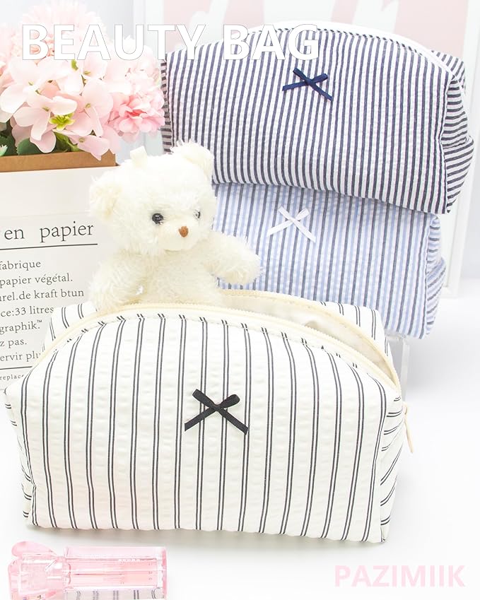 PAZIMIIK 2PCS Cozy Makeup Bag Small Aesthetic Travel Zipper Cosmetic Pouch for Women Make Up Beauty Accessories Brushes, Stripe Black