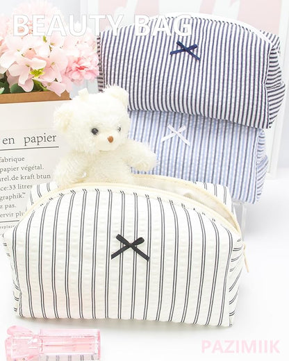 PAZIMIIK Cozy Makeup Bag Small Aesthetic Travel Zipper Cosmetic Pouch for Women Make Up Beauty Accessories Brushes, Stripe Black