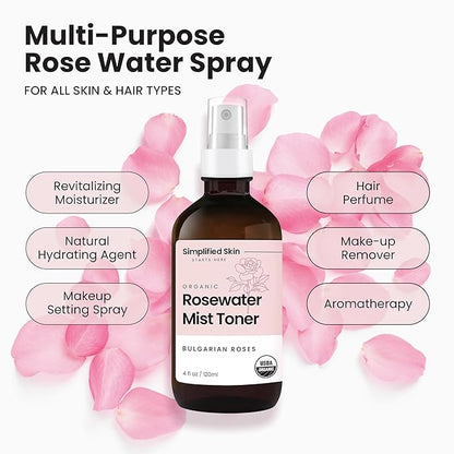 Rose Water Spray for Face & Hair – Pure USDA Organic Rosewater Toner – Refreshing Mist for Skin Care, Makeup & Locs – Natural Rose Scent, 4 Oz (2 Pack)