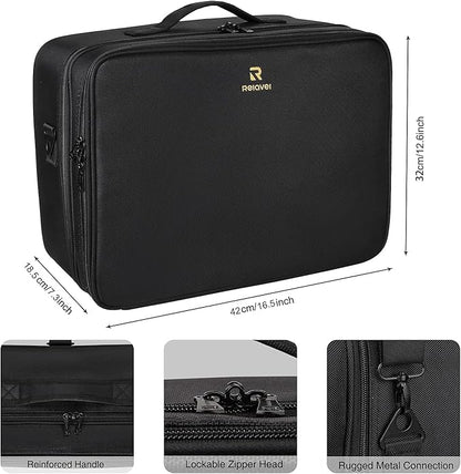 Relavel Extra Large Makeup Case and Makeup Brush Holder Bag, Professional Makeup Organizer, Large Capacity with Adjustable Dividers and Shoulder Strap (Black)