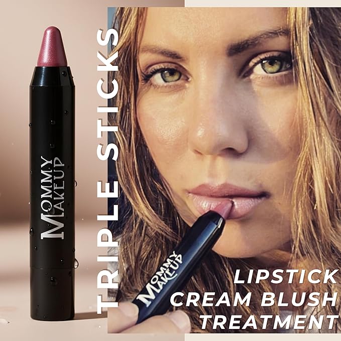 Mommy Makeup Triple Sticks Lipstick, Cream Blush & Teatment All-In-One with Shea & Cocoa Butter - Soft & Creamy Moisturizing Lip Crayon For Lips & Cheeks (Ginger Spice)