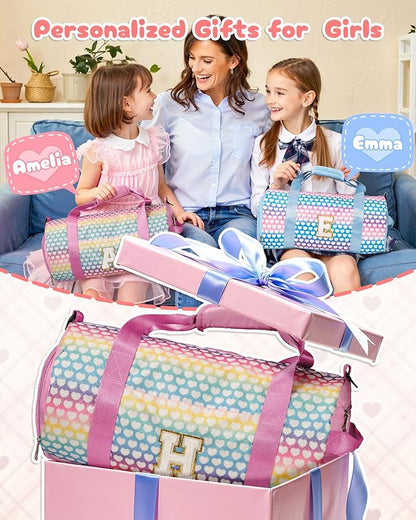 8 Year Old Girl Birthday Gifts, Girls Travel Duffel Bag, Kids Initial Overnight Bags with Shoe Compartment, Personalized Weekender Bag with Makeup Pouch, Perfect for Sleepovers (Letter C)