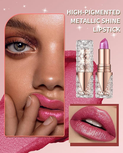 Glitter Metallic Shimmer Red Lipstick Long Lasting,Diamond High Pigmented Pink Metallic Matte Liquid Lipstick Non-Stick Nude Lip Gloss,Transfer Proof Lip Color Lip Stick Makeup for Women-03