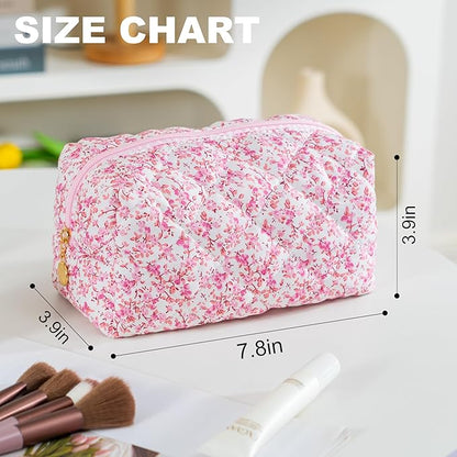 Makeup Bag Travel Toiletry Bag for Women, Small Cosmetic Bags Cute Quilted Cotton Makeup Pouch for Purse Emergency Bag for School Floral Pencil Case Accessory Bag, Baby Pink