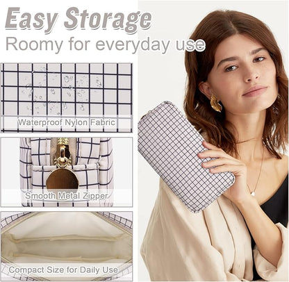 Nylon Small Makeup Bag for Purse, Cute Checkered Makeup Bag Preppy Cosmetic Zipper Pouch Purse, Waterproof Portable Travel Toiletry Bag Clutch Make Up Brush Bag Organizer for Women Girls(Checkered)