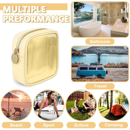 Clear Mini Makeup Bag for Purse, Small Nylon&PVC Cosmetic Bag TSA Approved Toiletry Bag with Zipper, Transparent Travel Bag Coin Purse for Women Men Girls(Beige)