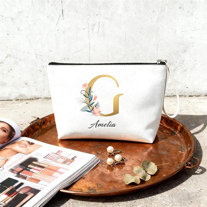 Personalized Makeup Bag Initial&Birth Flower Custom Small Travel Cosmetic Bag with Name Cute Makeup Bag for Women Girls
