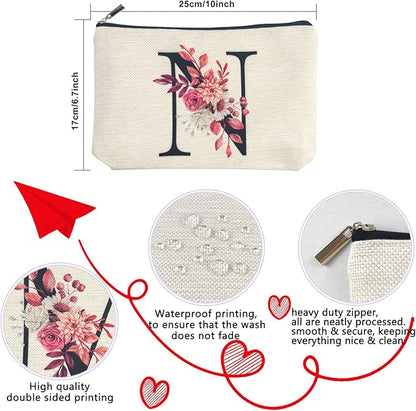 Initial A-Z Personalized Floral Makeup Bag, Monogrammed Birthday Gifts for Women Mom, Mothers Day Christmas Gift Ideas for Best Friend, Bride Bridesmaid, Her, Grandma, Small Travel Cosmetic Bag (N)