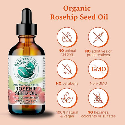 Bella Terra Oils - Organic Rosehip Oil 4 oz - Hailing from The Finest Rosa Mosqueta, Abundant in Omega-6 & Omega-3 Fatty Acids, Pure Radiance for Face