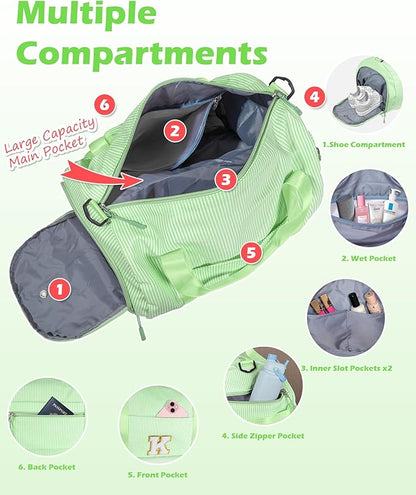 Gifts for Teenager, Girls Travel Duffle Bag, Kids Initial Overnight Bags with Shoe Compartment, Personalized Weekend Bag with Makeup Pouch, Gift for Gymnastics Girl (Letter K)